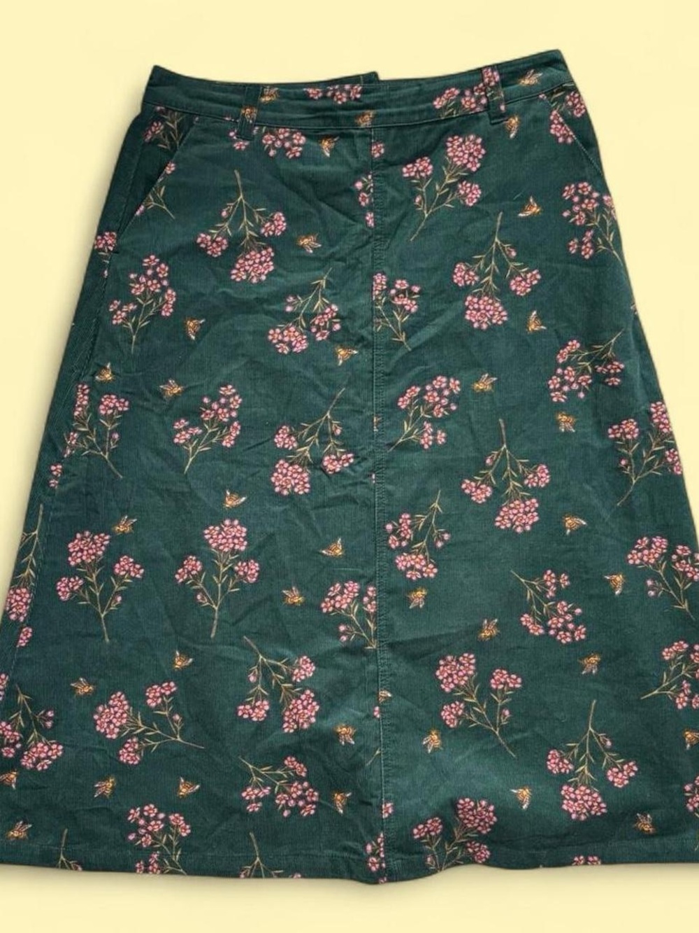 Princess Highway Floral A-Line Midi Skirt in Forest Green with Pink Blooms